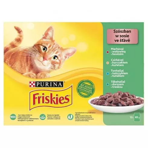 Friskies Cat alutasak 12x85g Szószban Marhával/Csirkével/Tonhallal/Tőkehallal Multipack