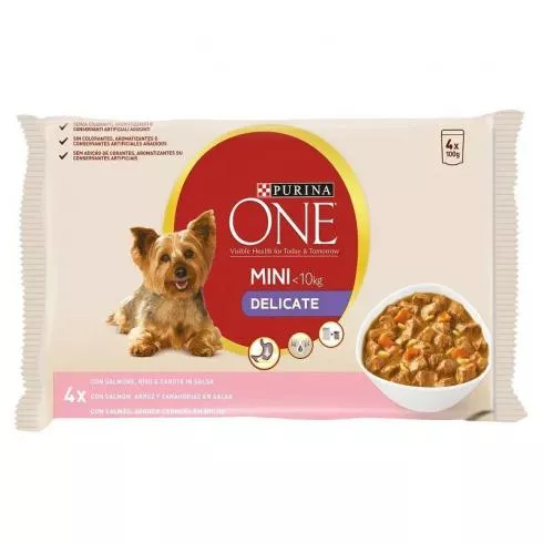 ONE Alutasak Delicate Mini Adult Dog 4x100g Lazac+rizs+sárgarépa szószban Multipack