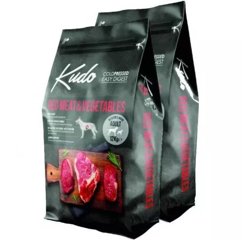 Kudo Low Grain Adult Red Meat/Vegetable Medium/Maxi száraz kutyatáp vörös hús, zöldség 2x12+3kg