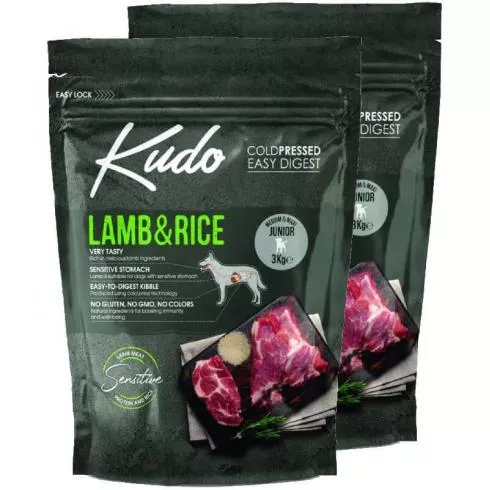 Kudo Low Grain Junior Lamb/Rice Medium/Maxi száraz kutyatáp bárány, rizs 2x3kg