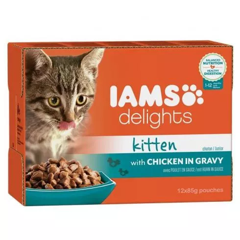 Iams Cat Delights Kitten & Junior csirke falatkák ízletes szószban, multipack 12x85g