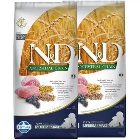 N&D Dog Ancestral Grain bárány, tönköly, zab & áfonya puppy medium & maxi 2x12kg