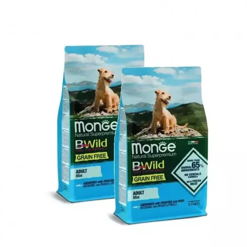 Monge BWild Grain Free Dog Mini Adult - szardella, burgonya, borsó 2x15kg