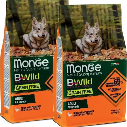 Monge BWild Grain Free Dog Adult - kacsa, burgonya 2x2,5kg