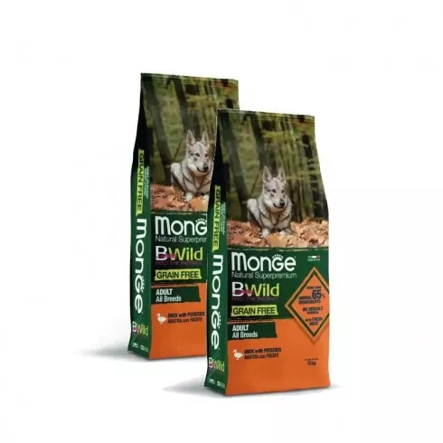 Monge BWild Grain Free Dog Adult - kacsa, burgonya 2x12kg