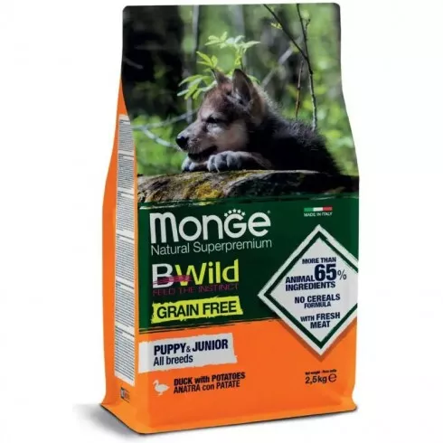 Monge BWild Grain Free Dog Puppy, Junior - kacsa, burgonya 2,5kg