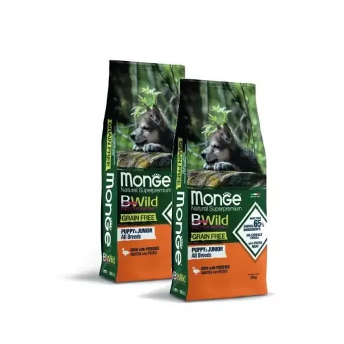 Monge BWild Grain Free Dog Puppy, Junior - kacsa, burgonya 2x2,5kg