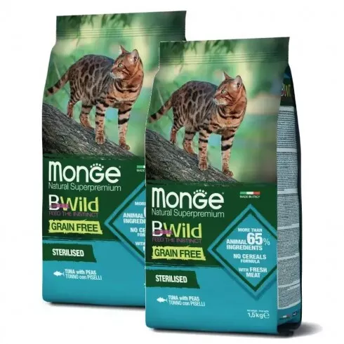 Monge BWild Grain Free Cat Sterilised - tonhal, borsó 2x10kg