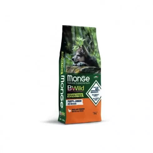 Monge BWild Grain Free Dog Puppy, Junior - kacsa, burgonya 15kg