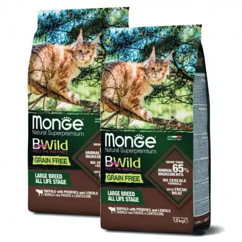 Monge BWild Grain Free Cat Adult - bölény, burgonya, lencse (Nagytestű macskáknak) 2x1,5kg