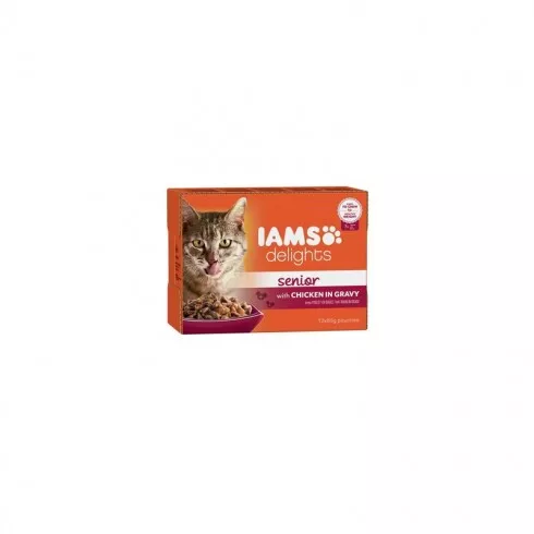 Iams Cat Delights Senior csirke falatkák ízletes szószban, multipack nedves macskatáp 12x85g